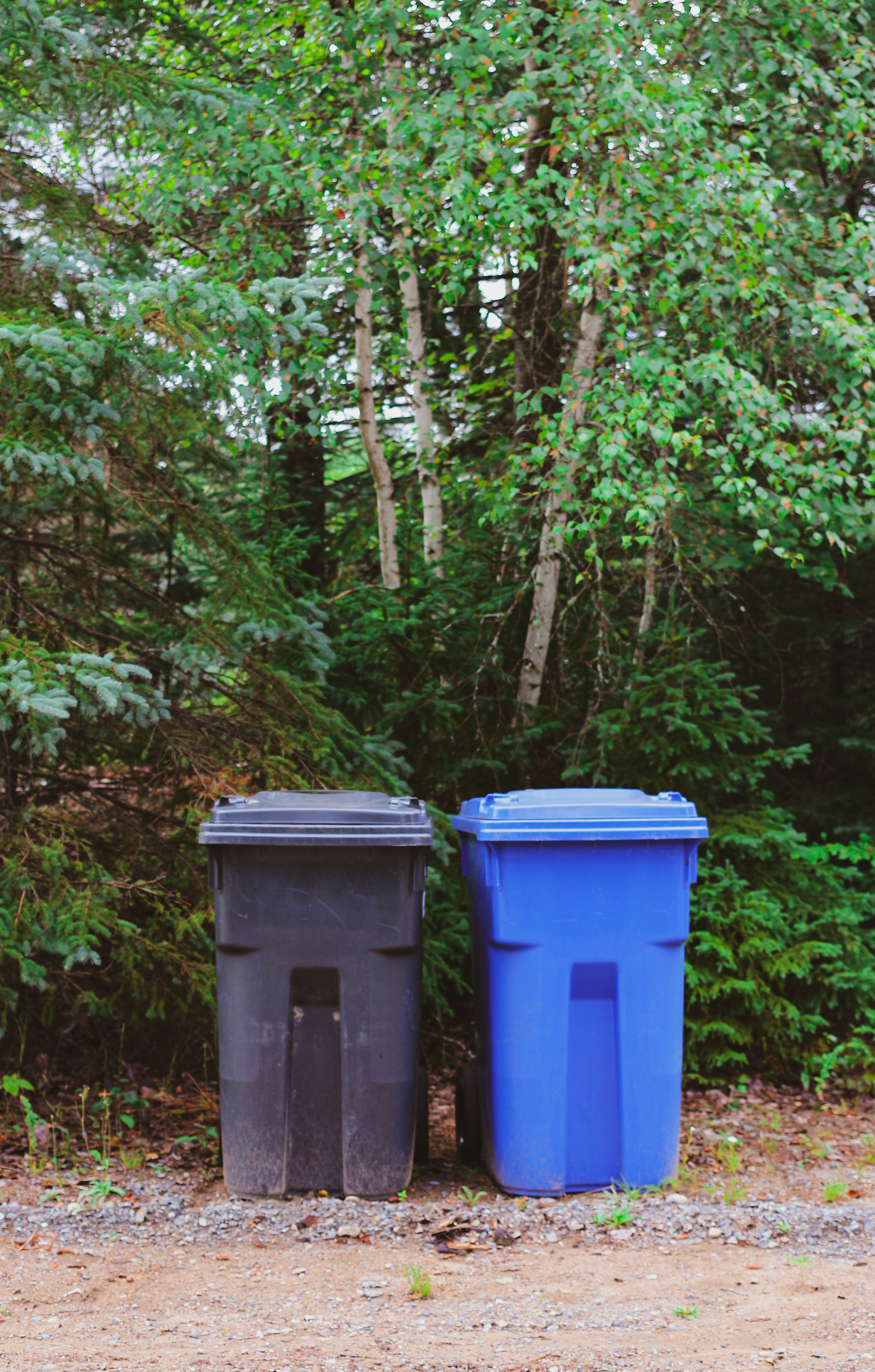 Trash and recycling bin next to each other outside