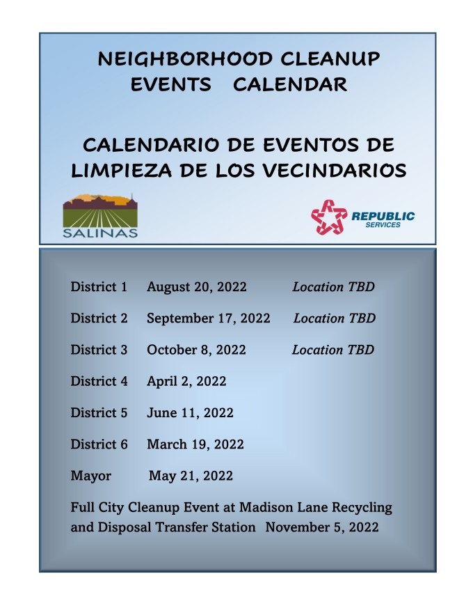 Neighborhood cleanup events calendar / Calendario de eventos de limpieza de los vecindarios