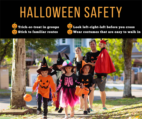 Halloween safety poster with family dressed up